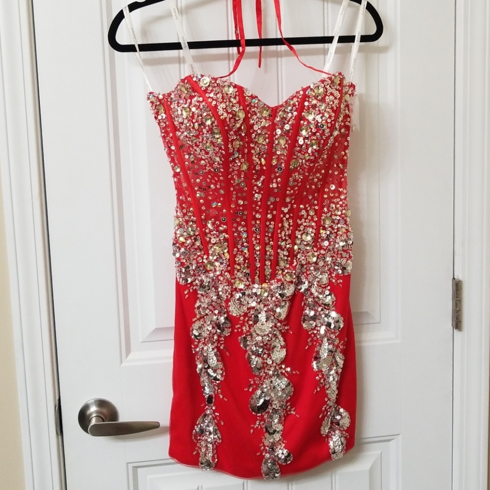 Jovani red cocktail beaded dress style 89688 prom